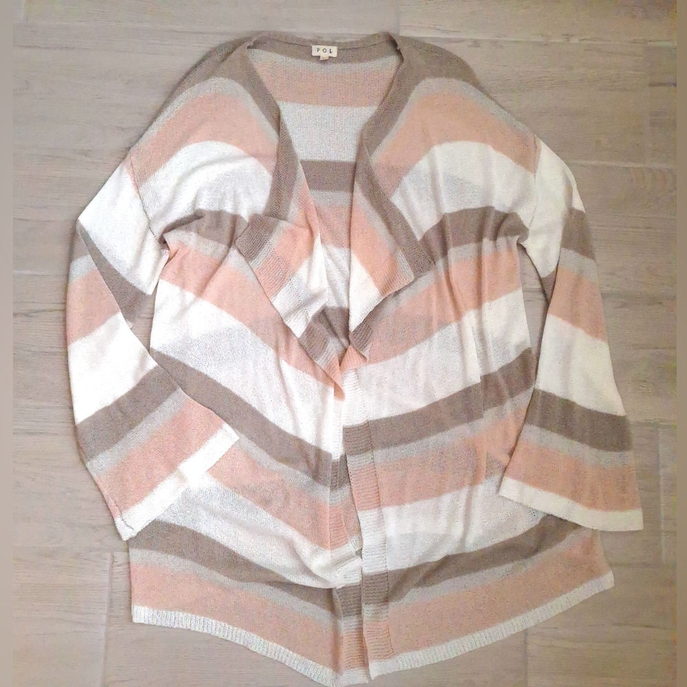 POL Womens Neutral Multicolor Open Knit Long Sleeve Lagenlook Cardigan Large
